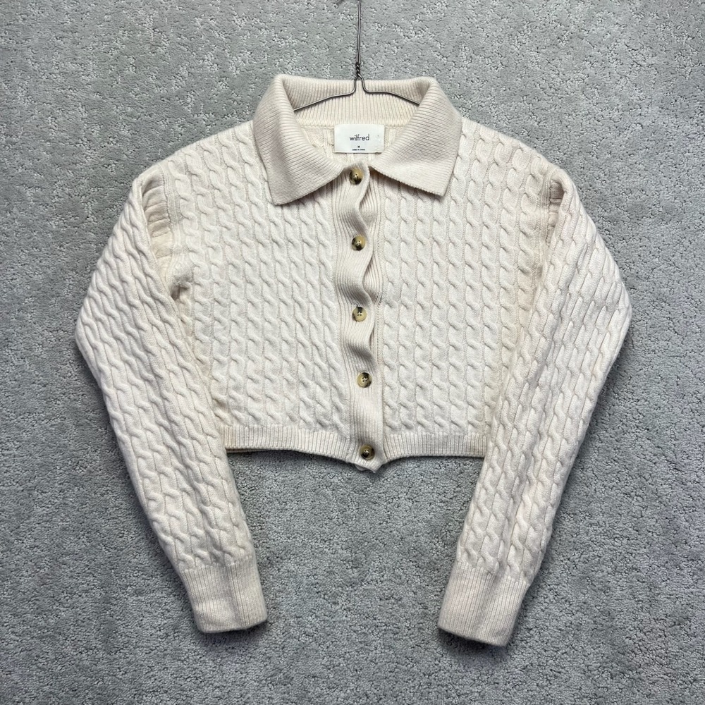 WILFRED Aritzia Cardigan Sweater Womens M Cream Merino Wool Cable Knit Cropped
